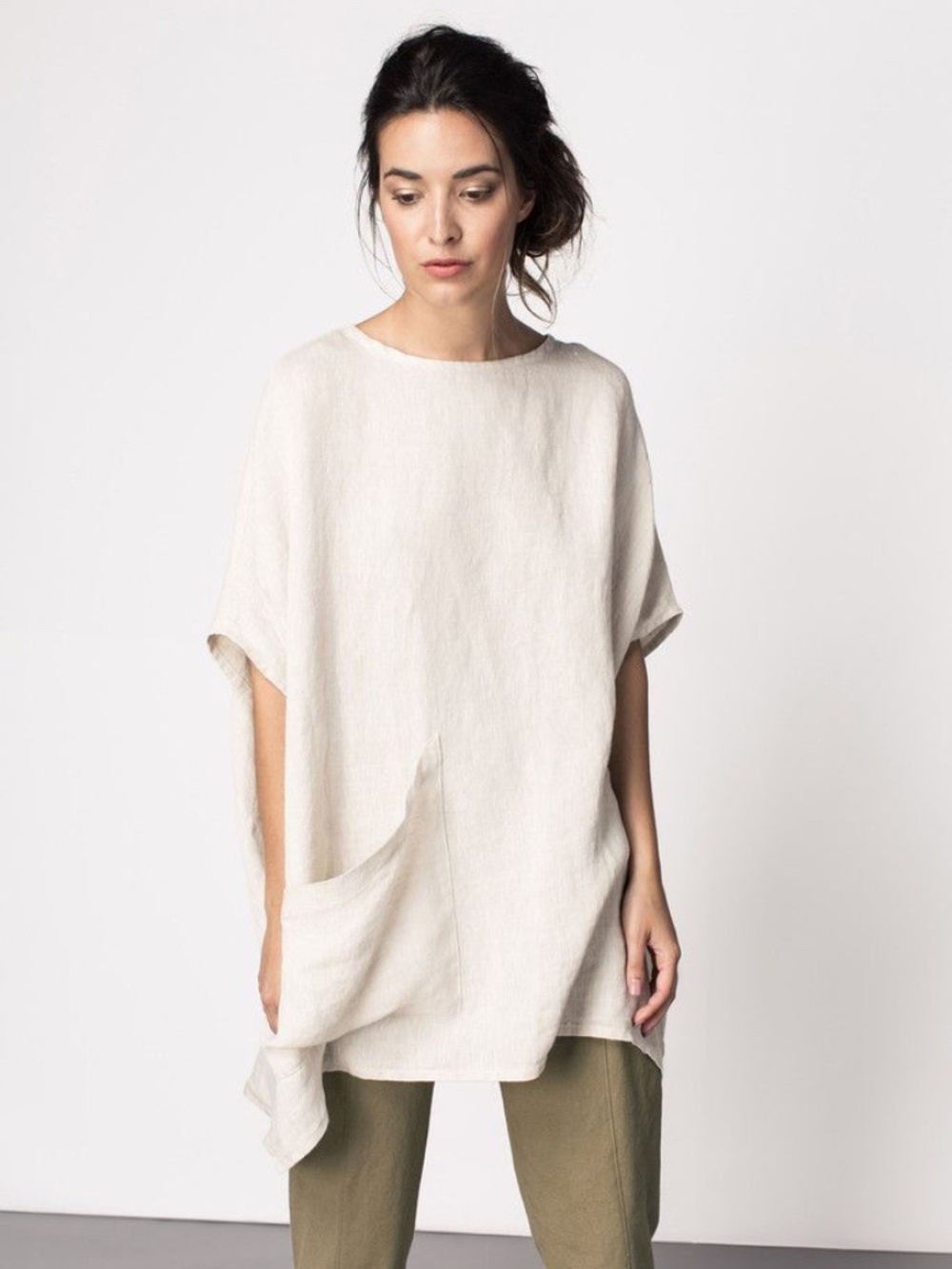Elizabeth Suzann Harper sz OS short Sleeve TunicTop 100%‎ Linen Beige Lagenlook